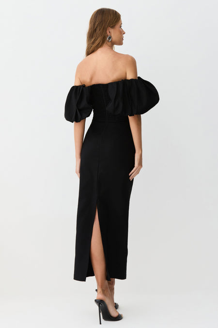 VESTIDO MIDI OMBRO A OMBRO MANGAS BUFANTES ESTRUTURADO PRETO