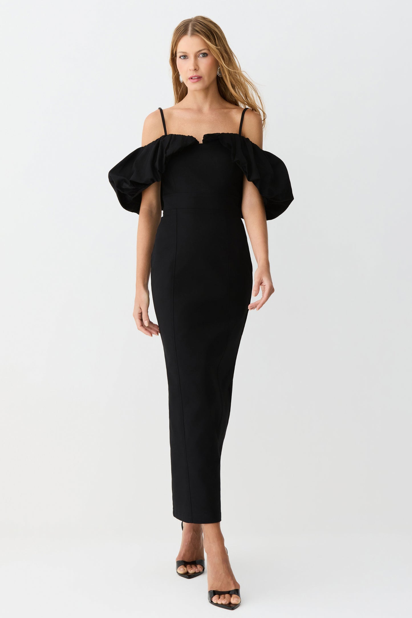 VESTIDO MIDI OMBRO A OMBRO MANGAS BUFANTES ESTRUTURADO PRETO