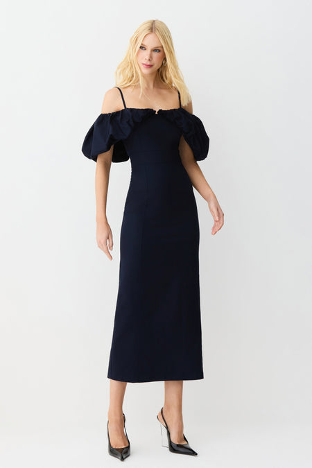 VESTIDO MIDI OMBRO A OMBRO MANGAS BUFANTES ESTRUTURADO AZUL MARINHO