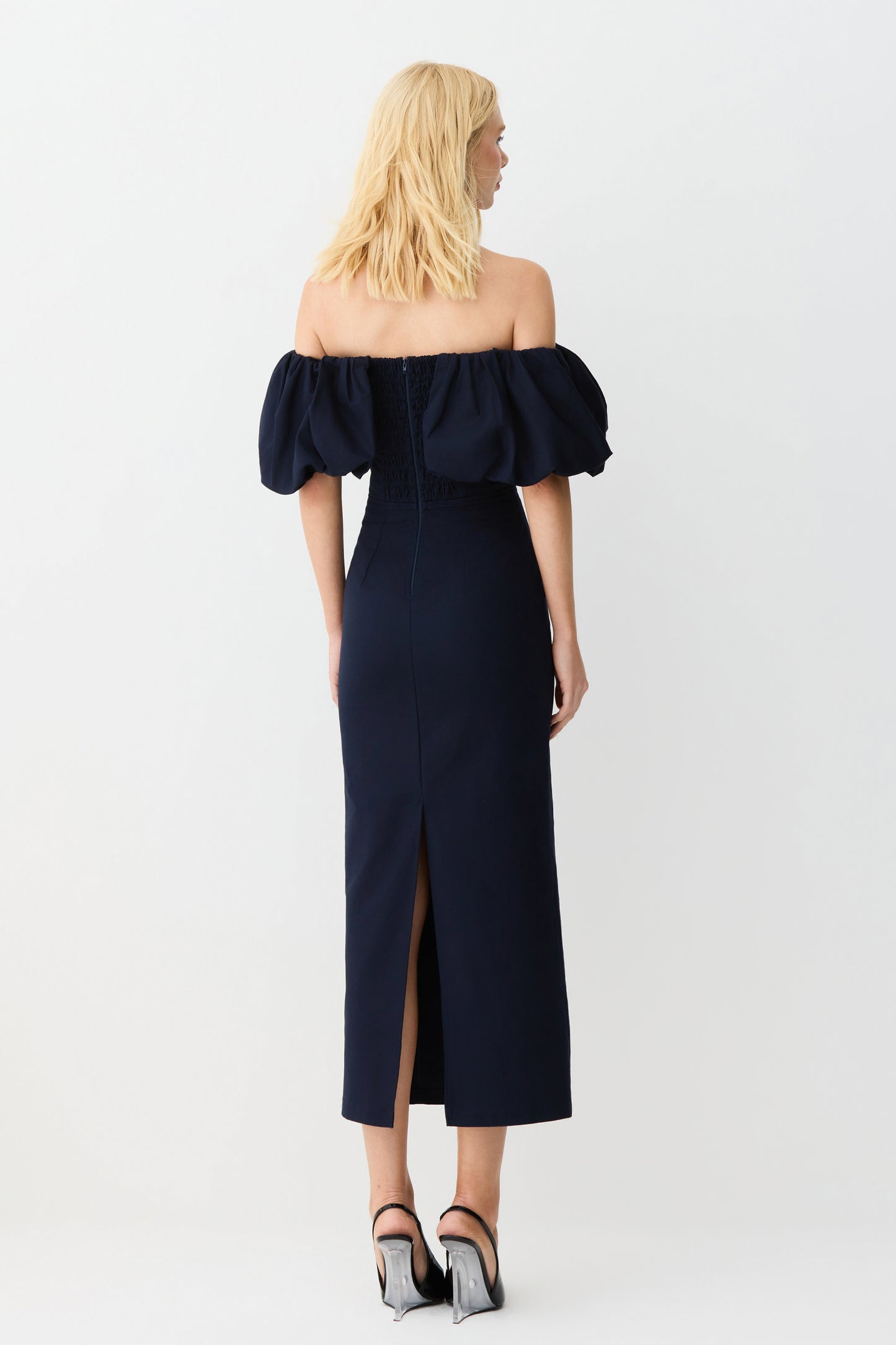 VESTIDO MIDI OMBRO A OMBRO MANGAS BUFANTES ESTRUTURADO AZUL MARINHO