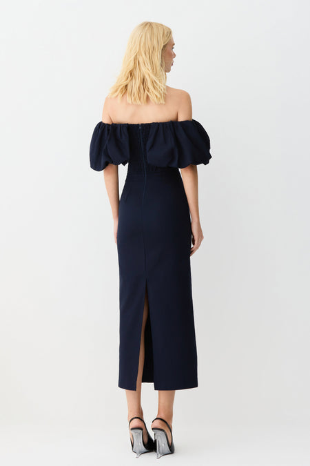 VESTIDO MIDI OMBRO A OMBRO MANGAS BUFANTES ESTRUTURADO AZUL MARINHO