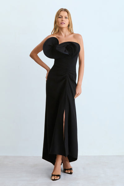 VESTIDO MIDI DECOTE ASSIMETRICO ESTRUTURADO PRETO