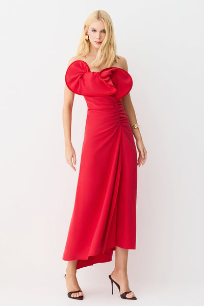 VESTIDO MIDI DECOTE ASSIMETRICO ESTRUTURADO VERMELHO