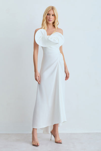 VESTIDO MIDI DECOTE ASSIMETRICO ESTRUTURADO OFF WHITE