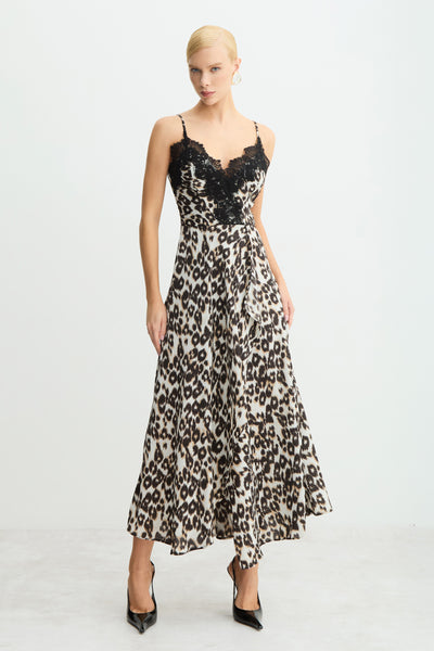 VESTIDO MIDI DECOTE V COM RENDA BUSTO ESTAMPADO PRETO COM AREIA
