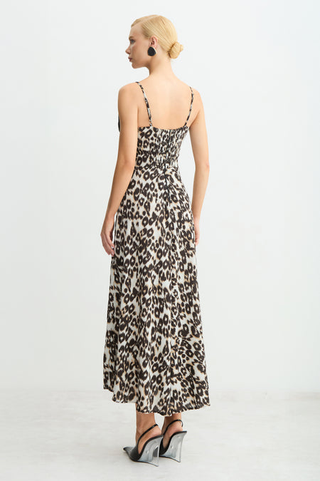 VESTIDO MIDI DECOTE V COM RENDA BUSTO ESTAMPADO PRETO COM AREIA