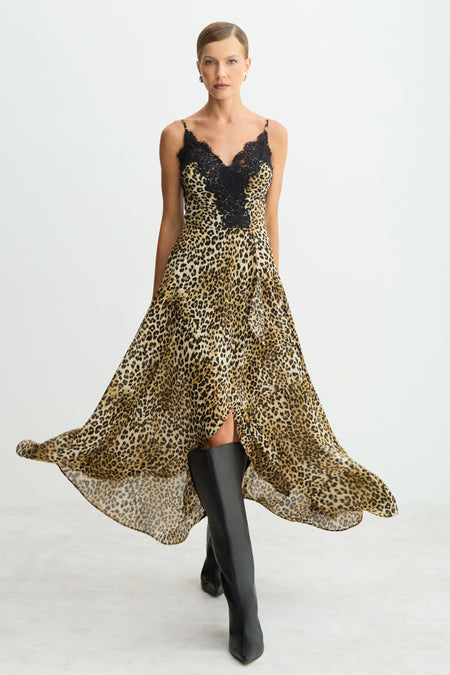 VESTIDO MIDI DECOTE V COM RENDA BUSTO ESTAMPADO PRETO COM BEGE