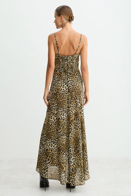 VESTIDO MIDI DECOTE V COM RENDA BUSTO ESTAMPADO PRETO COM BEGE