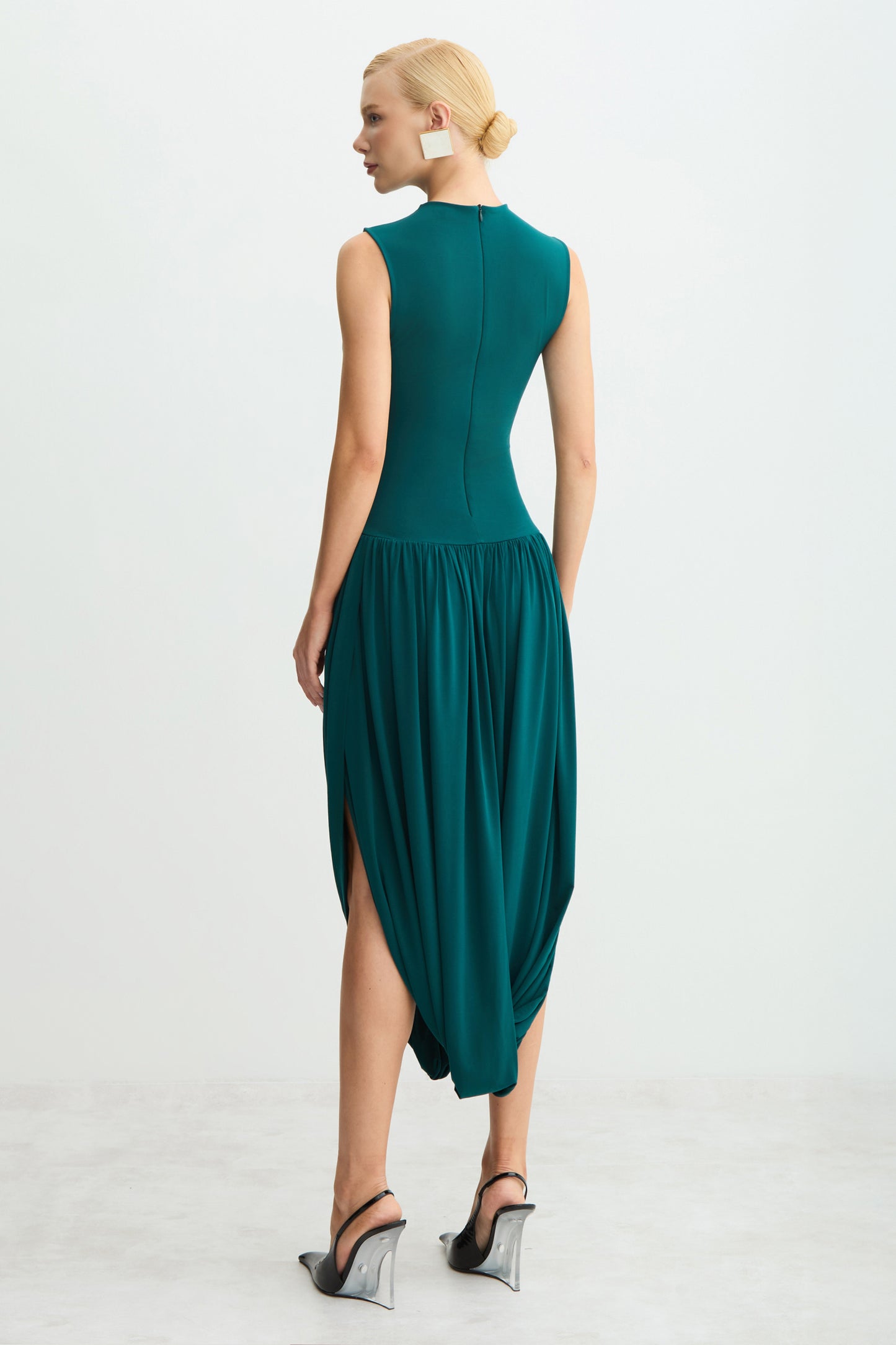 VESTIDO MIDI SAIA BALONE COM TRANSPASSE E  ABERTURA VERDE PETROLEO
