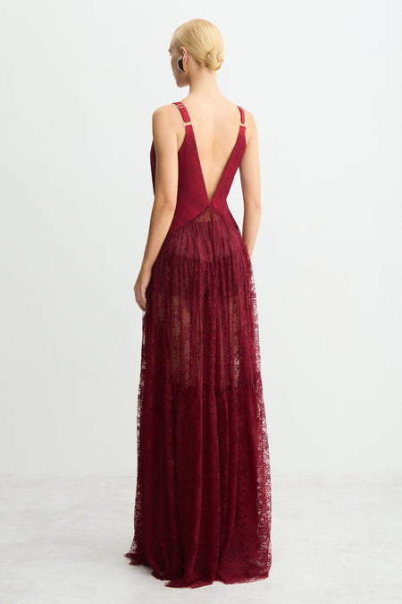 VESTIDO LONGO ALCAS LARGAS COM DECOTE V EM RENDA VINHO