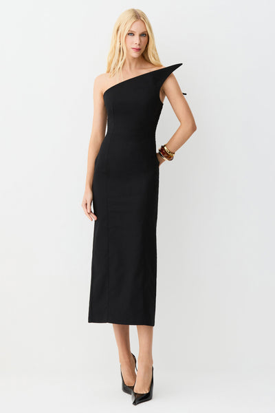 VESTIDO MIDI RECORTE ASSIMETRICO ESTRUTURADO DECOTE PRETO