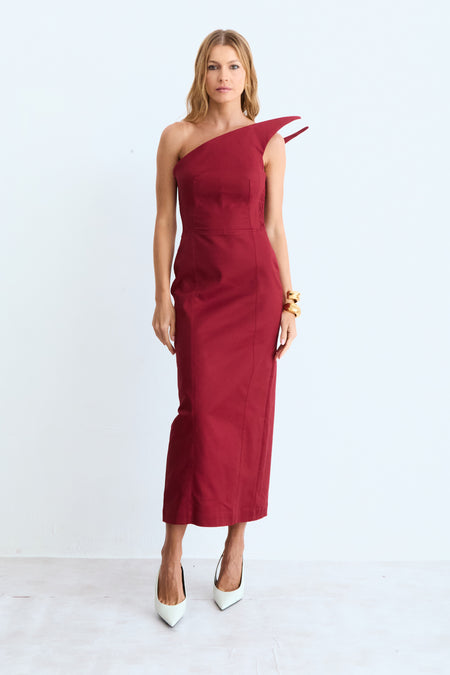 VESTIDO MIDI RECORTE ASSIMETRICO ESTRUTURADO DECOTE VERMELHO CEREJA