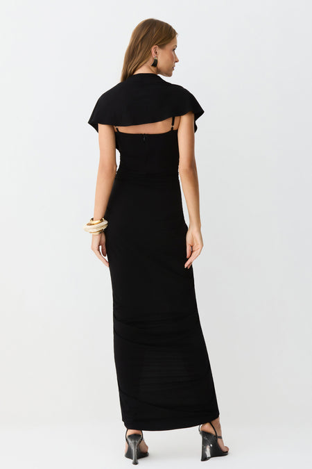 VESTIDO MIDI DECOTE V COM FRANZIDOS E VOLUME CENTRAL PRETO