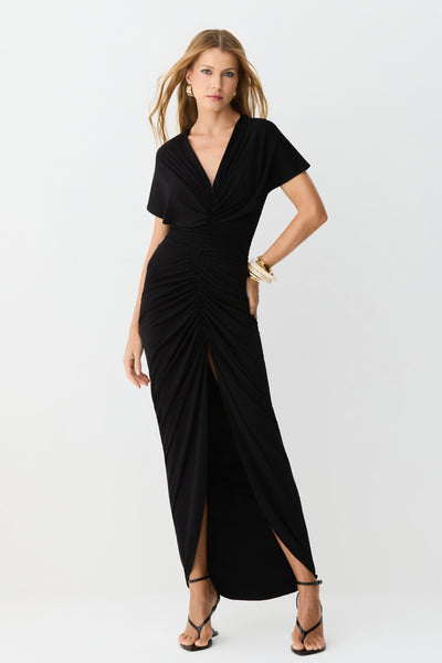 VESTIDO MIDI DECOTE V COM FRANZIDOS E VOLUME CENTRAL PRETO