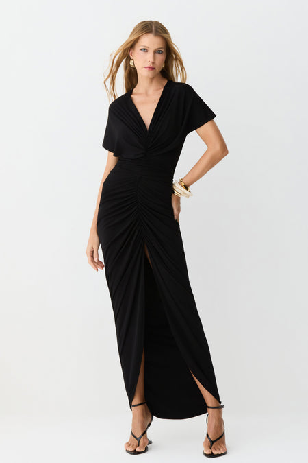 VESTIDO MIDI DECOTE V COM FRANZIDOS E VOLUME CENTRAL PRETO