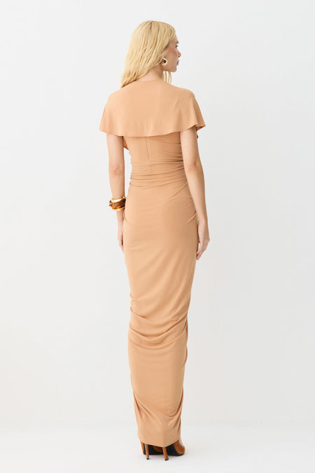 VESTIDO MIDI DECOTE V COM FRANZIDOS E VOLUME CENTRAL LARANJA PESSEGO