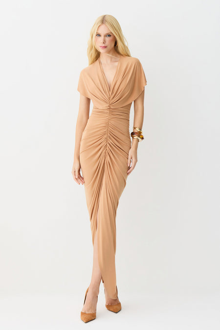 VESTIDO MIDI DECOTE V COM FRANZIDOS E VOLUME CENTRAL LARANJA PESSEGO