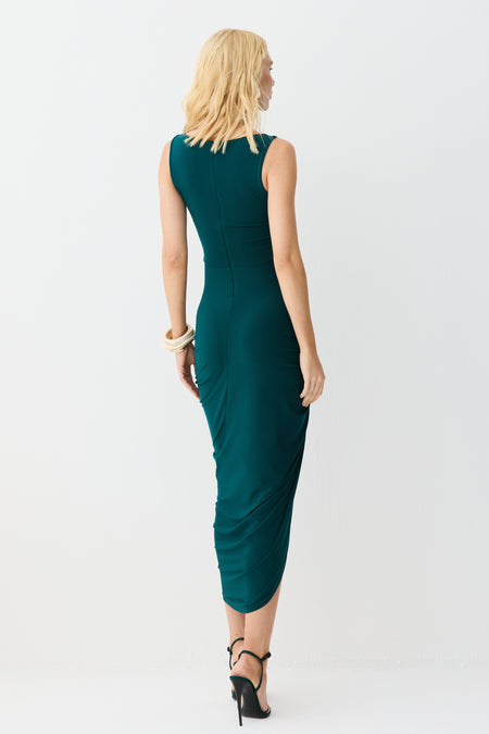 VESTIDO MIDI TORCAO COM FRANZIDOS LATERAIS E FENDA VERDE PETROLEO