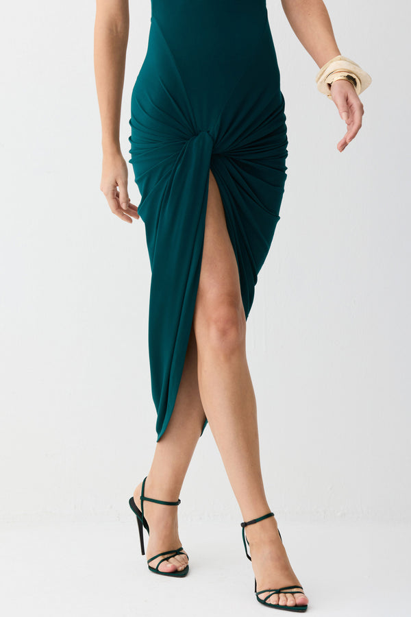 VESTIDO MIDI TORCAO COM FRANZIDOS LATERAIS E FENDA VERDE PETROLEO