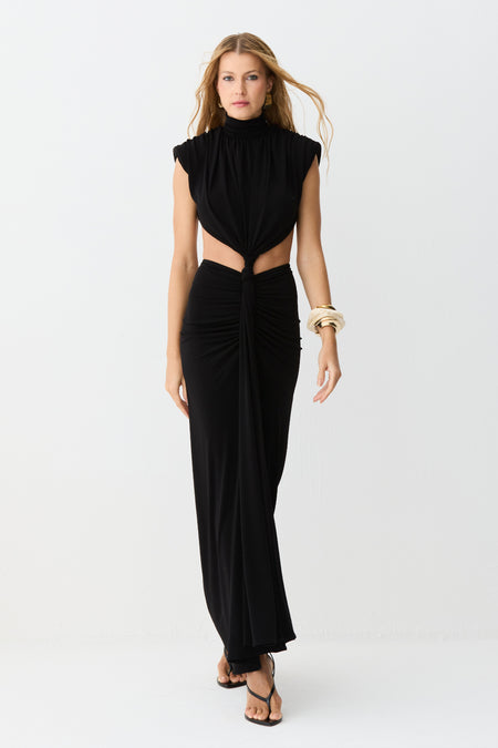 VESTIDO MIDI ABERTURA LATERAL E COSTAS DETALHE FRONTAL PRETO