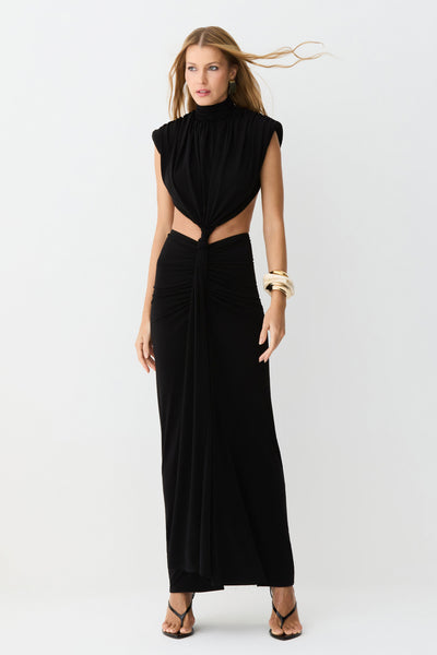 VESTIDO MIDI ABERTURA LATERAL E COSTAS DETALHE FRONTAL PRETO
