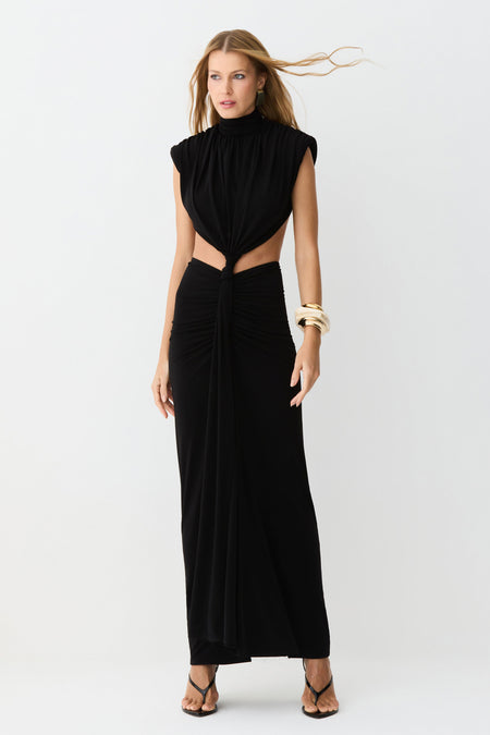 VESTIDO MIDI ABERTURA LATERAL E COSTAS DETALHE FRONTAL PRETO