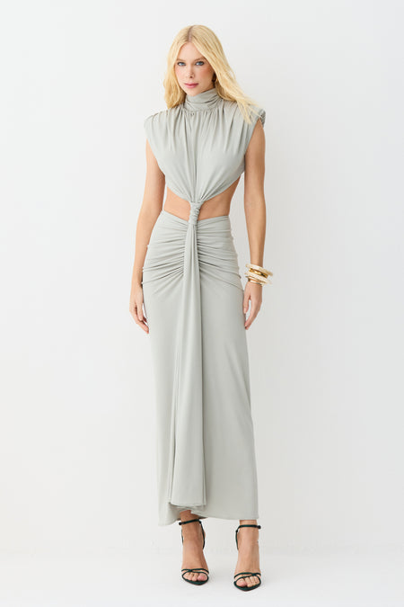 VESTIDO MIDI ABERTURA LATERAL E COSTAS DETALHE FRONTAL VERDE EUCALIPTO