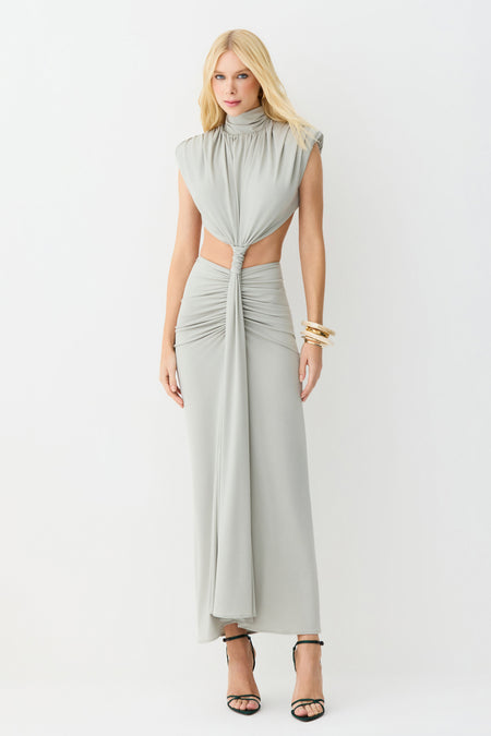 VESTIDO MIDI ABERTURA LATERAL E COSTAS DETALHE FRONTAL VERDE EUCALIPTO