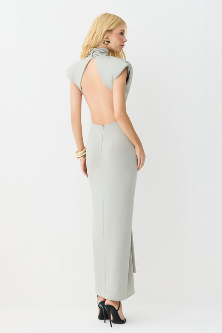 VESTIDO MIDI ABERTURA LATERAL E COSTAS DETALHE FRONTAL VERDE EUCALIPTO