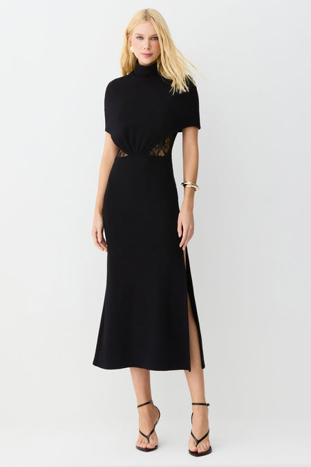 VESTIDO MIDI ALONGADO RENDA COSTAS E LATERAIS PRETO