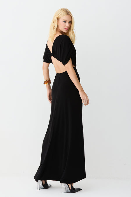 VESTIDO LONGO ABERTURA COSTAS TORCAO FRANZIDOS FRONTAL PRETO