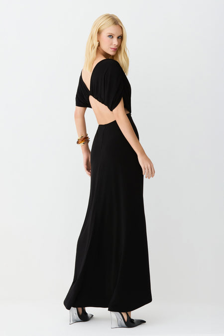 VESTIDO LONGO ABERTURA COSTAS TORCAO FRANZIDOS FRONTAL PRETO