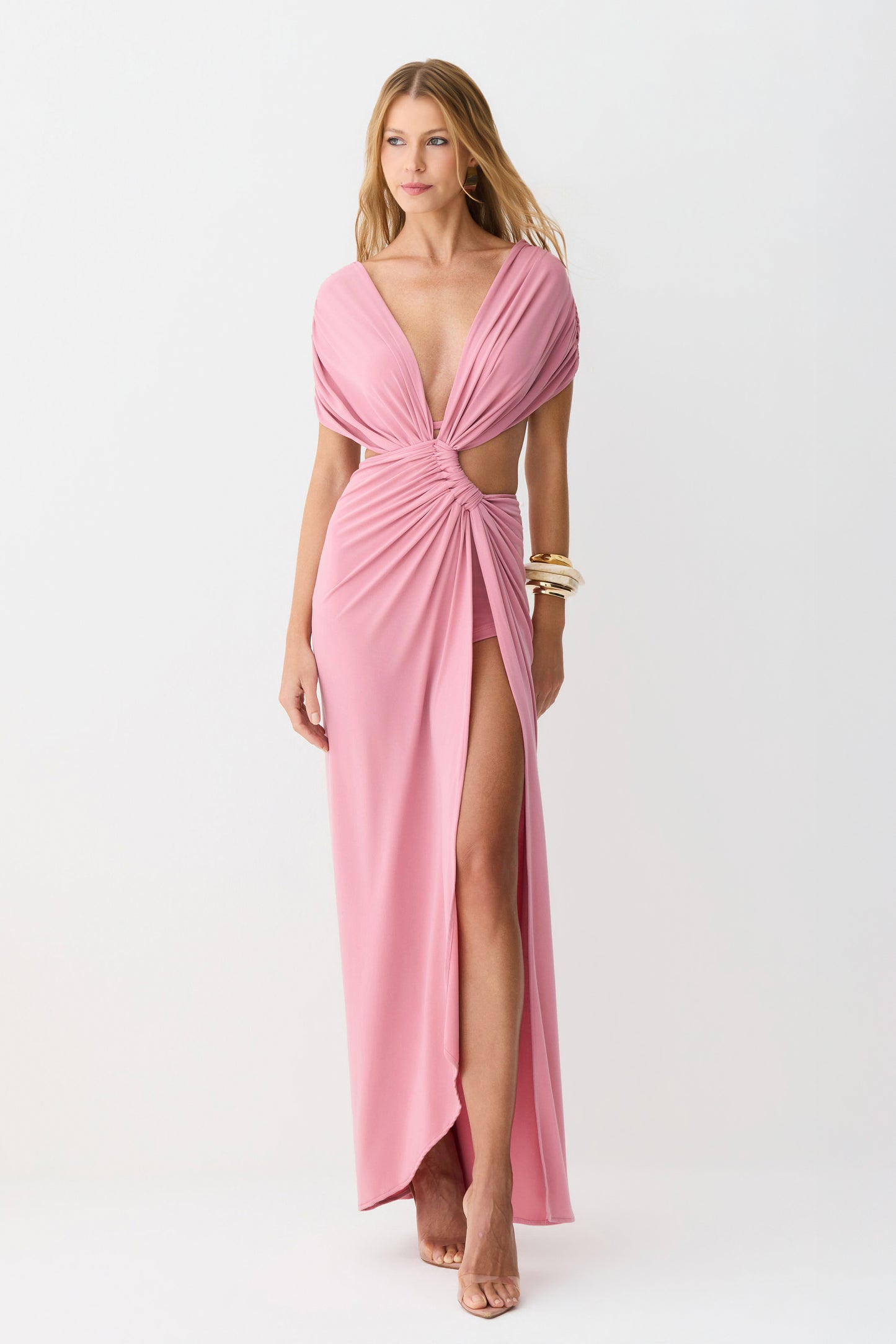 VESTIDO LONGO ABERTURA COSTAS TORCAO FRANZIDOS FRONTAL ROSA ANTIGO
