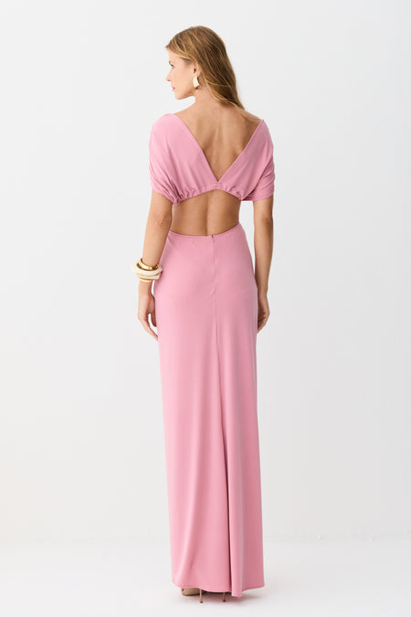 VESTIDO LONGO ABERTURA COSTAS TORCAO FRANZIDOS FRONTAL ROSA ANTIGO