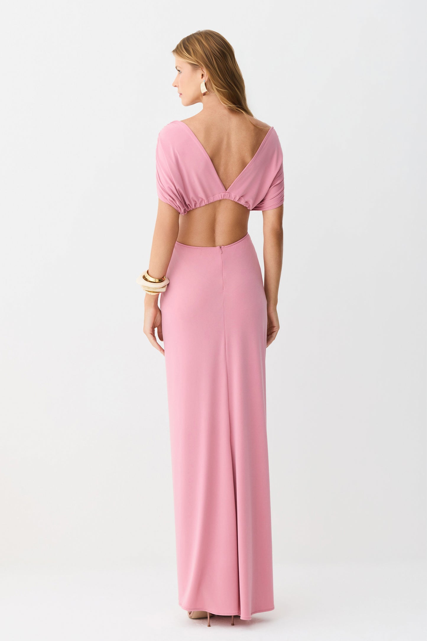 VESTIDO LONGO ABERTURA COSTAS TORCAO FRANZIDOS FRONTAL ROSA ANTIGO