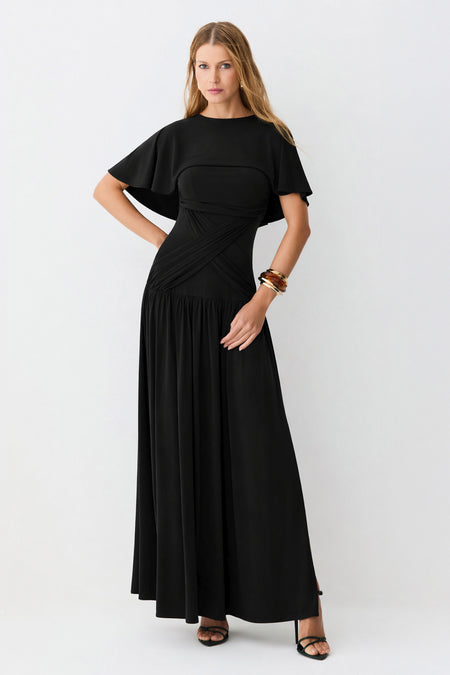 VESTIDO MIDI DETALHE FAIXA CINTURA SOBREPOSICAO FLUIDA PRETO