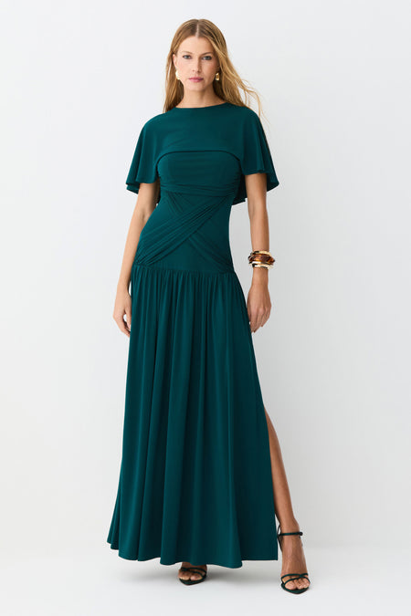 VESTIDO MIDI DETALHE FAIXA CINTURA SOBREPOSICAO FLUIDA VERDE PETROLEO