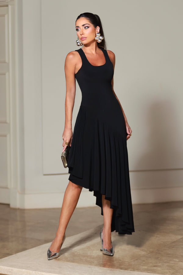 VESTIDO MIDI BARRA ASSIMETRICA COM FLUIDEZ PRETO