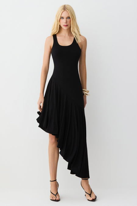 VESTIDO MIDI BARRA ASSIMETRICA COM FLUIDEZ PRETO