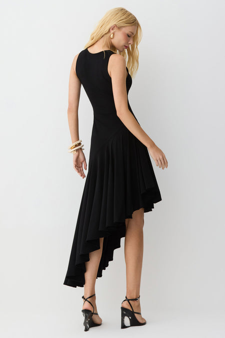 VESTIDO MIDI BARRA ASSIMETRICA COM FLUIDEZ PRETO