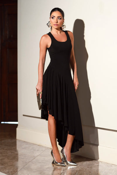 VESTIDO MIDI BARRA ASSIMETRICA COM FLUIDEZ PRETO