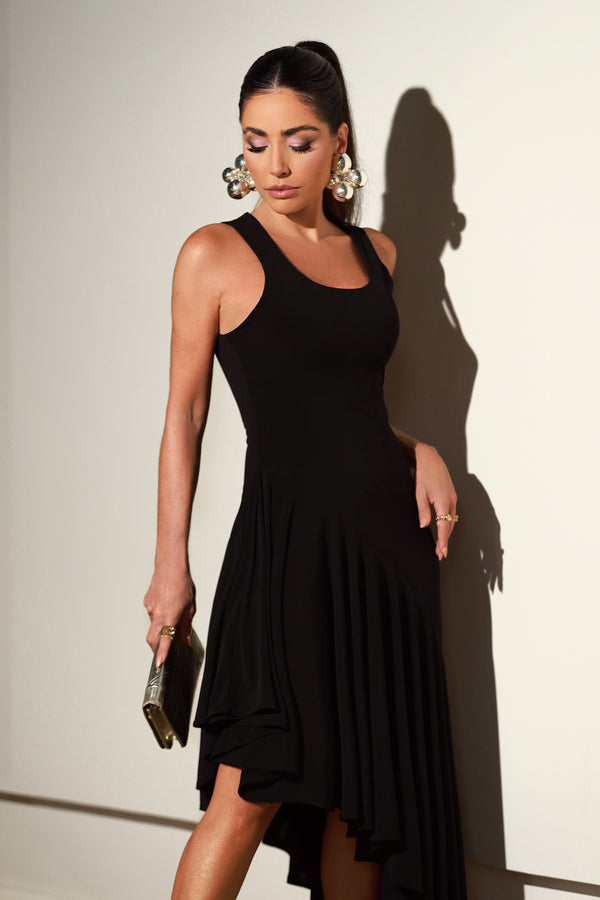 VESTIDO MIDI BARRA ASSIMETRICA COM FLUIDEZ PRETO