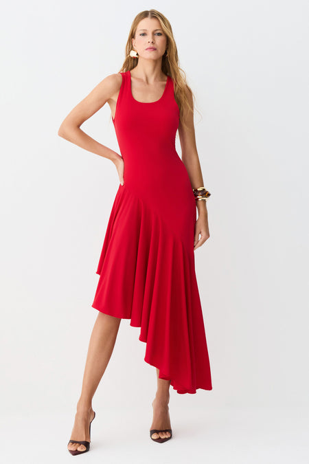 VESTIDO MIDI BARRA ASSIMETRICA COM FLUIDEZ VERMELHO