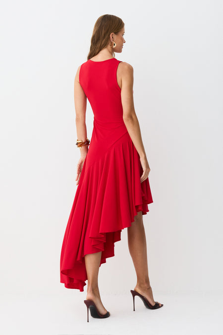 VESTIDO MIDI BARRA ASSIMETRICA COM FLUIDEZ VERMELHO