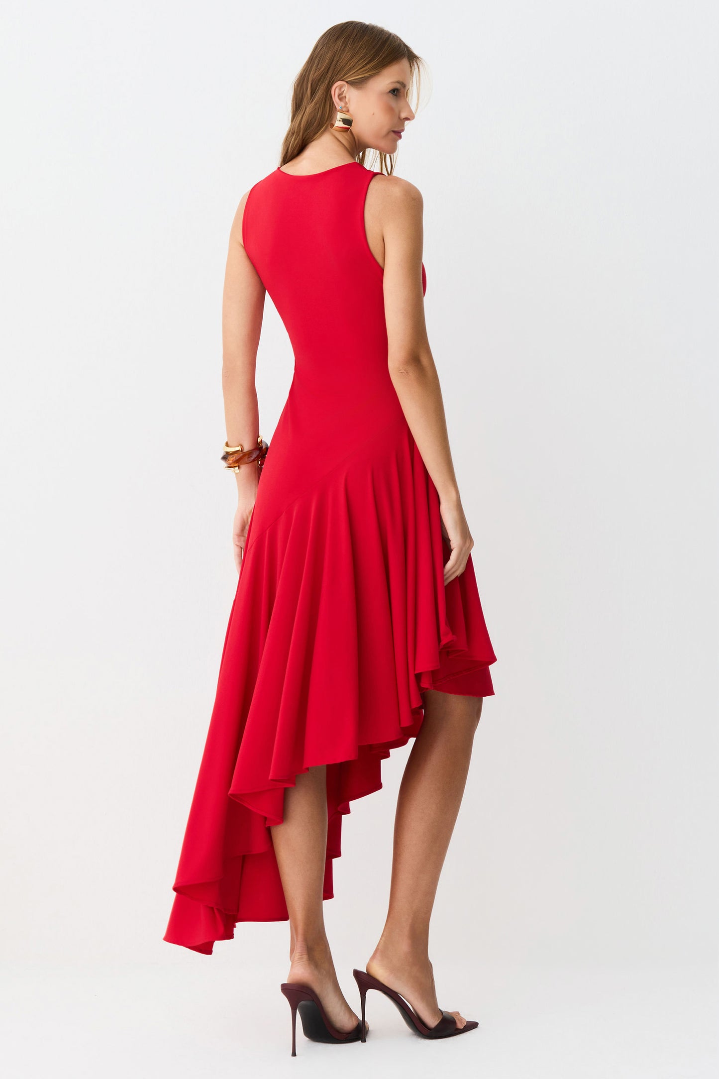 VESTIDO MIDI BARRA ASSIMETRICA COM FLUIDEZ VERMELHO