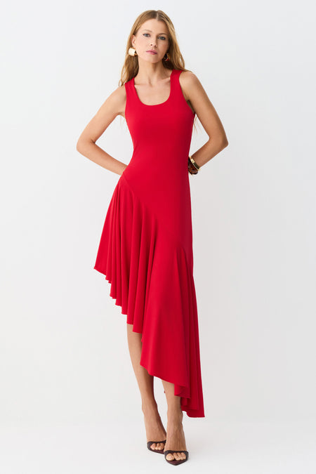 VESTIDO MIDI BARRA ASSIMETRICA COM FLUIDEZ VERMELHO