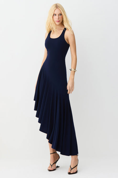 VESTIDO MIDI BARRA ASSIMETRICA COM FLUIDEZ AZUL MARINHO