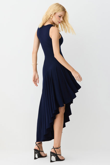 VESTIDO MIDI BARRA ASSIMETRICA COM FLUIDEZ AZUL MARINHO