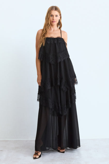 VESTIDO MIDI BABADOS COM DETALHE RENDA BARRA PRETO