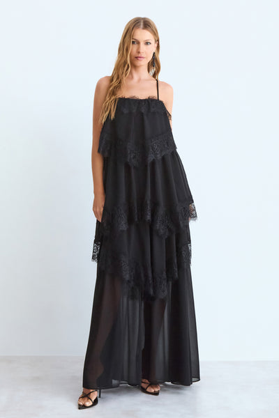 VESTIDO MIDI BABADOS COM DETALHE RENDA BARRA PRETO
